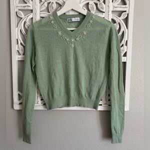 ZARA Sage Green Pearl Appliqué V-Neck Sweater - Wool & Alpaca Blend - Size S